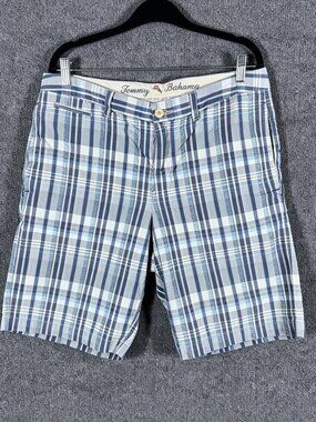 Tommy Bahama Shorts Mens 34 Blue Gray Plaid Cotton Chino Casual Summer Golf